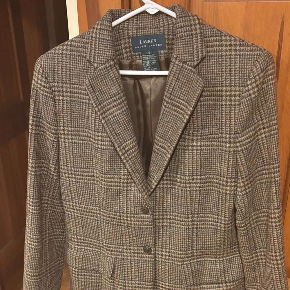 Lauren Ralph Lauren Equestrian Tweed Blazer Pure Wool Tan Beige Sz 6